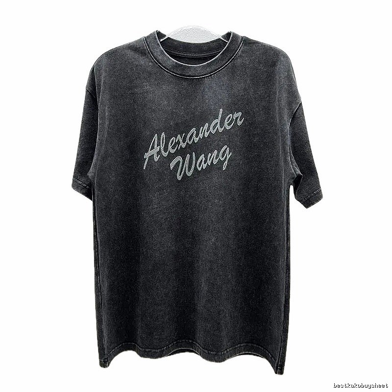 Alexander Wang Distressed Charcoal Gray Rhinestone-embellished Short Sleeve T-Shirt