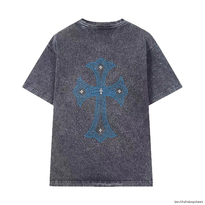 Chrome Hearts Blue Cross Vintage Charcoal Gray Short Sleeve T-shirt
