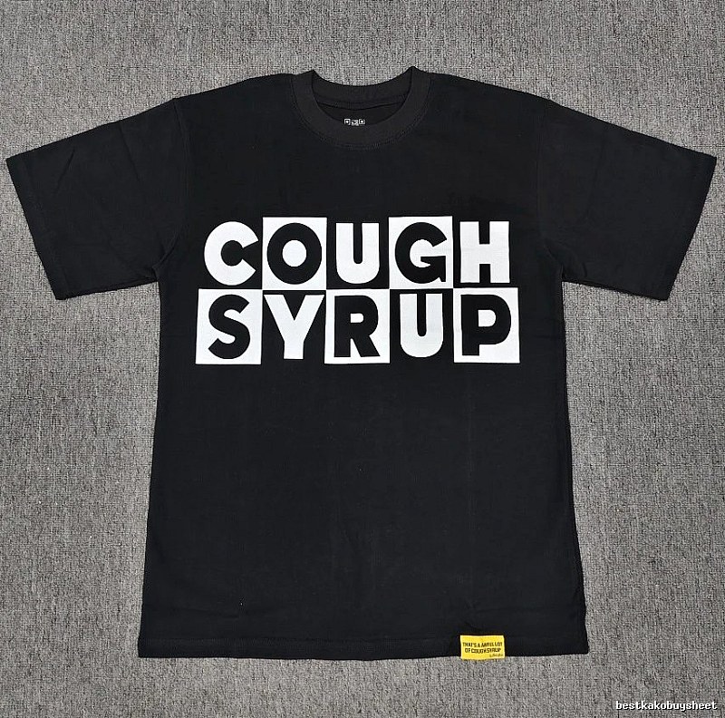 Black street-style short-sleeve T-shirt with COUGH SYRUP print