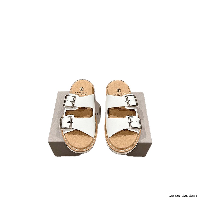 Brunello Cucinelli Double-Button Minimalist-Style White Slide Sandals