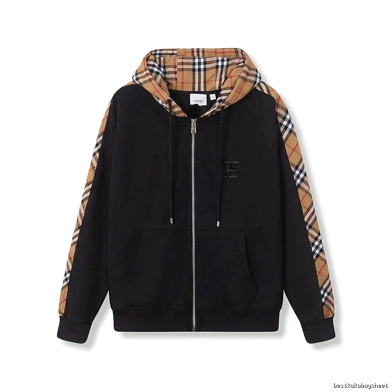 Burberry checkered pattern spliced black hoodie