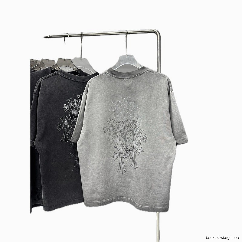 Chrome Hearts Cross Hot-stamped Rhinestone Street-style Grey Short-sleeve T-shirt