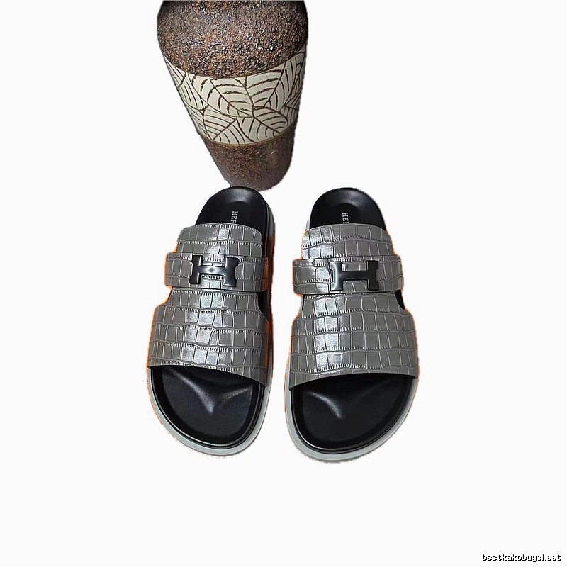 Hermès H-buckle Crocodile-Embossed Light Luxury Style Gray Slides