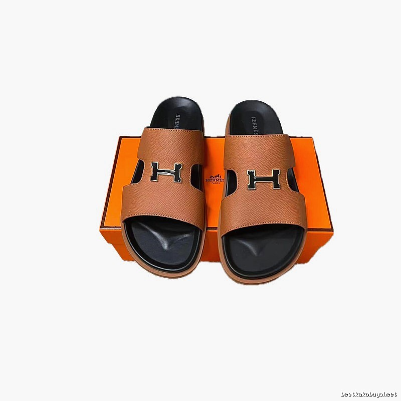 Hermès H-Buckle Minimalist Style Caramel Brown Slide Sandals