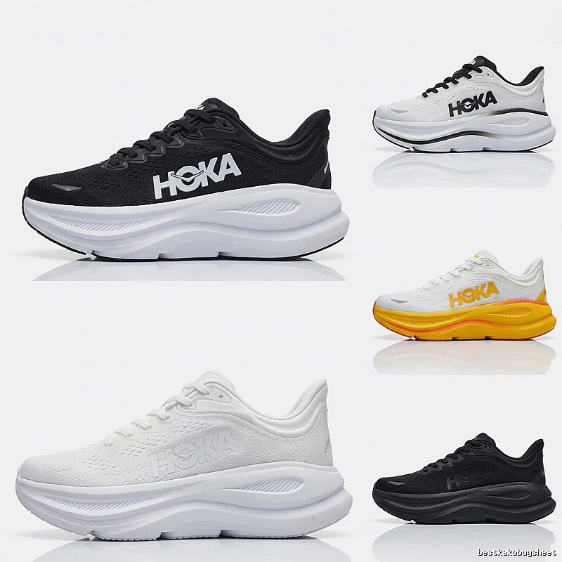 HOKA Bondi 9 black and white athletic shoes