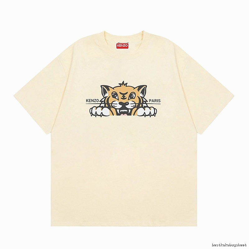 KENZO Tiger Head Print Streetwear Style Beige Short Sleeve T-Shirt