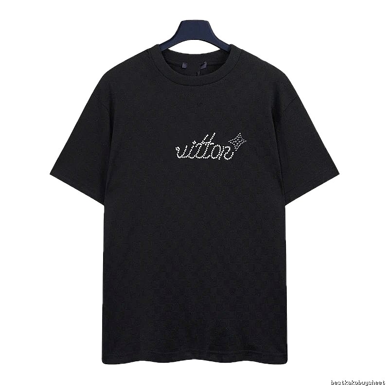 Louis Vuitton Rhinestone-embellished Streetwear Style Black Short-sleeve T-shirt