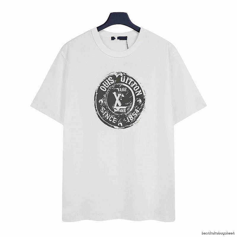 Louis Vuitton Vintage-style Distressed Stamp Print White T-Shirt