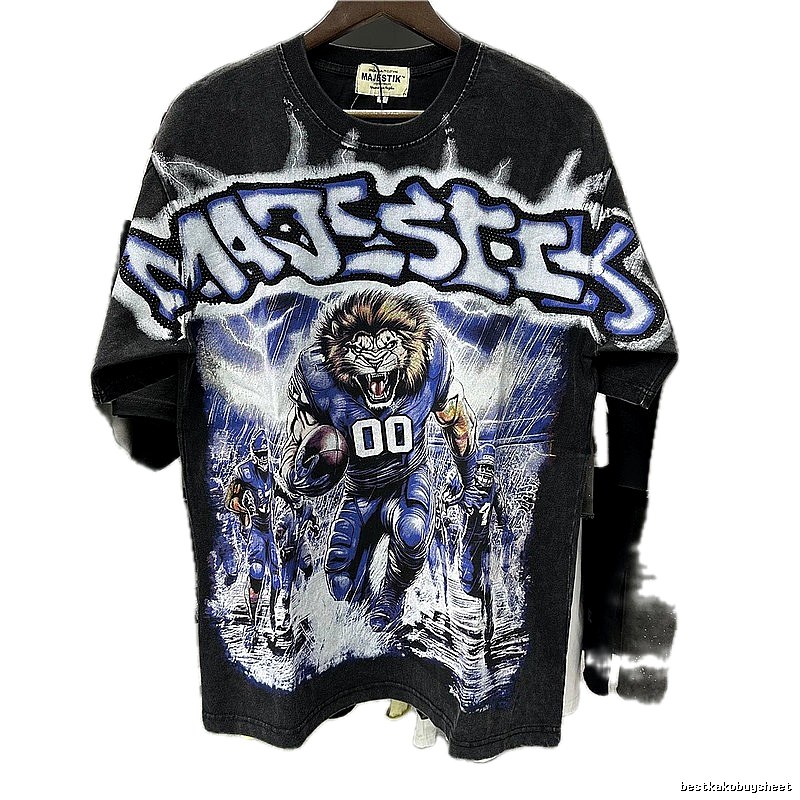 MAJESTIK American Retro Lion Printed Black Short-sleeve T-shirt