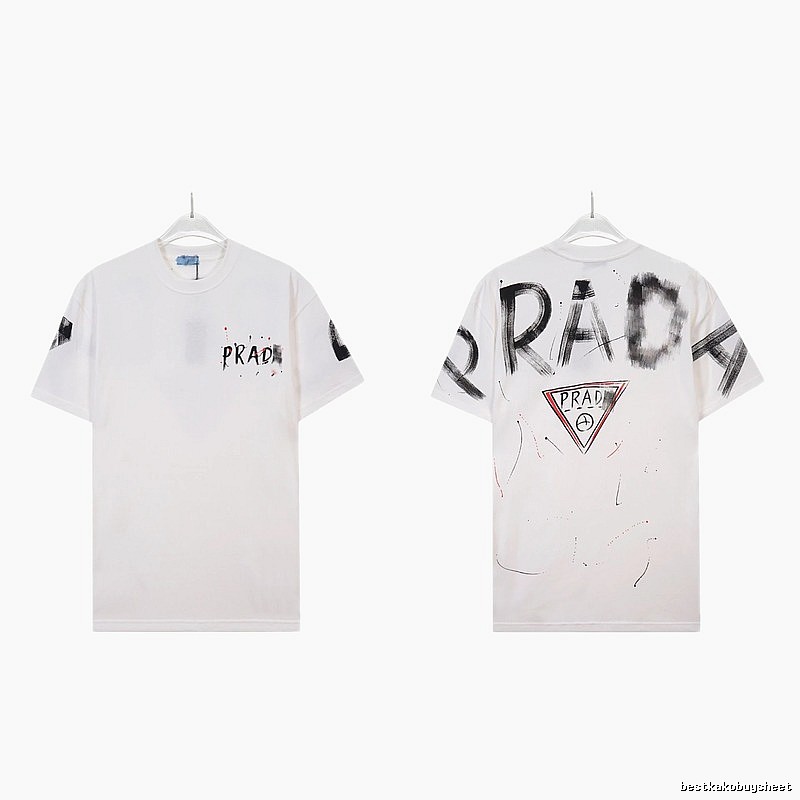 Prada Triangle Logo Graffiti Street Style White Short-sleeve T-shirt