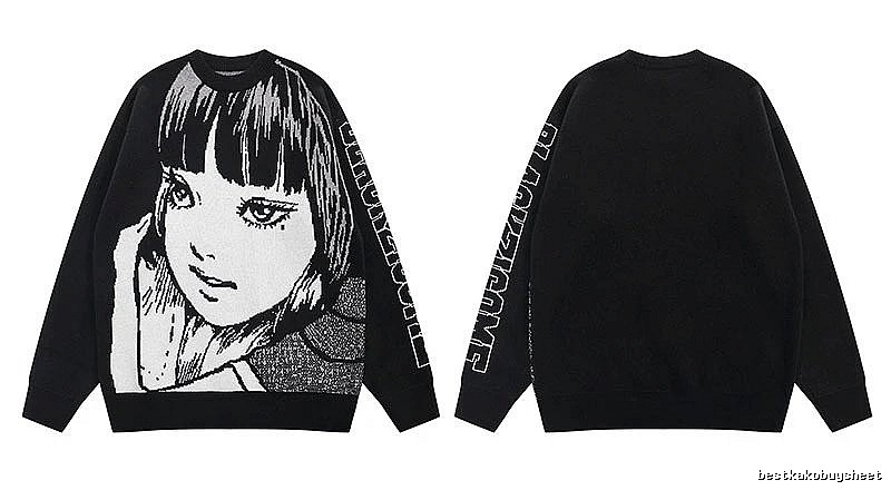Relaxed Anime graphic sweater Black Knit Top with Versatile Design