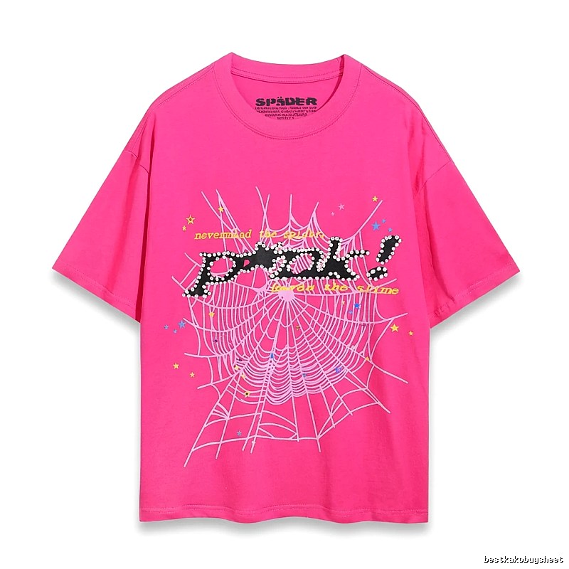 Sp5der Spider Web Print Trendy and Cool Rose Red T-shirt