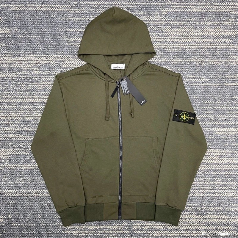 Stone Island Army Green Zip Hoodie Streetwear Look