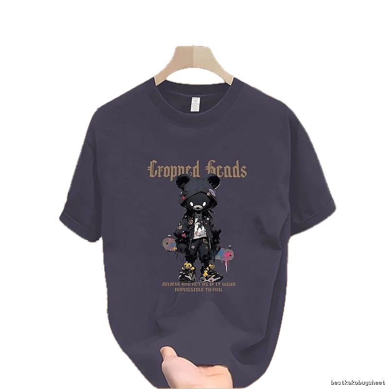 Streetwear Brand Dark Grey Street-style Short Sleeve T-shirt with Bear Print